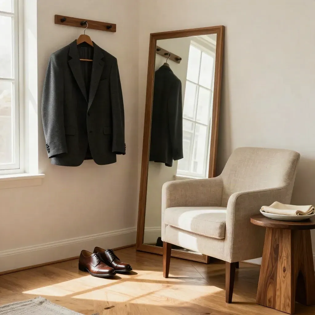 Interviewhoek met blazer, gepoetste schoenen, spiegel en stoel in warm daglicht.