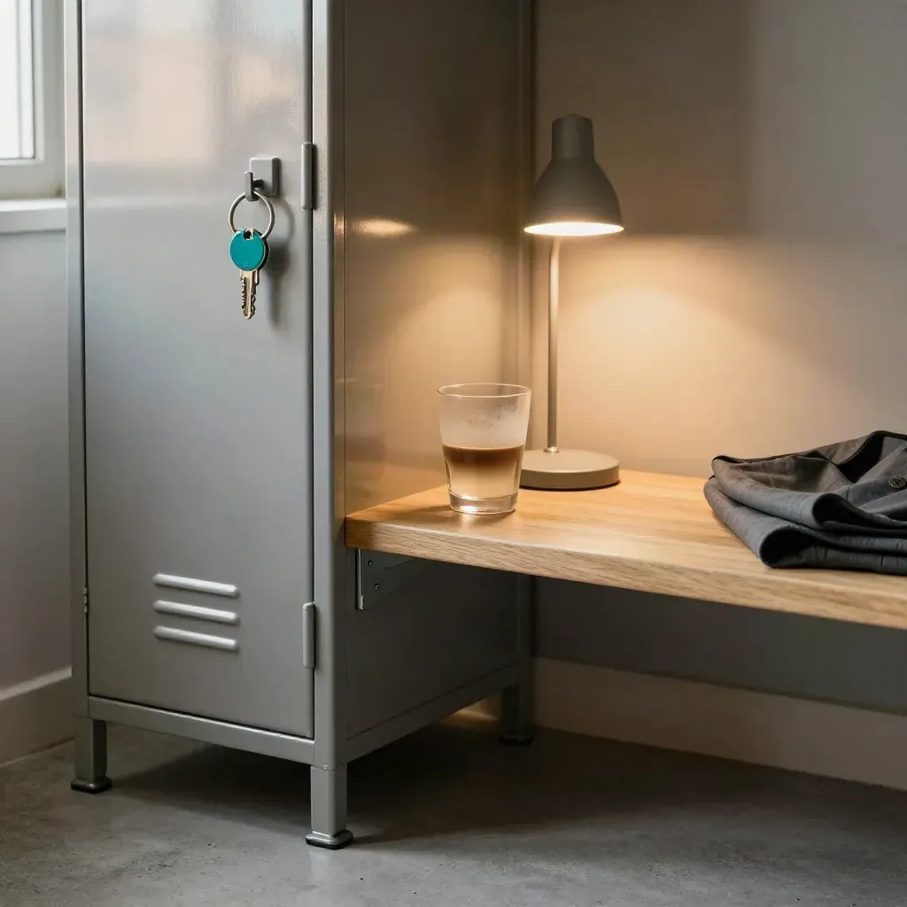 Brushed stalen locker met sleutelbos, koffiebeker en lampje in warme werkhoek.