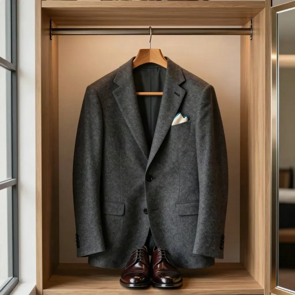 Blazer aan houten hanger met schoenen, pochet en spiegelrand in warme interviewsetting.